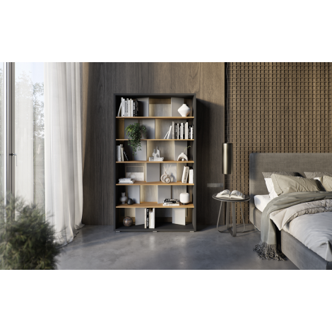 FITT FP-01 - regał z oświetleniem - grafit/dąb linearny/natura/szary połysk